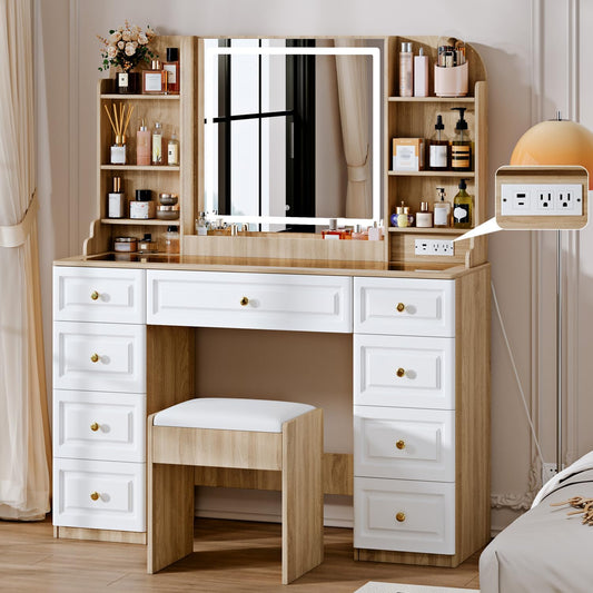 43" Makeup Vanity Desk with Mirror and Lights, & Power Outl, Glass Top Big Vanity Table with 9 Drawers& 8 Storage Shelves, Dressing Table Set with Chair for Bedroom, White+Oak