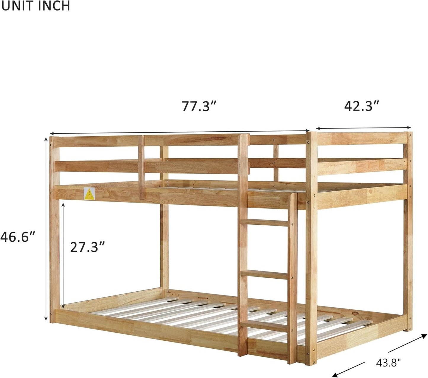 Ball & Cast Bunk Bed Twin Over Twin,Floor Bunk Bed with Ladder,Solid Rubber Wooden Bed Frame w/Full Length Guardrail,for Dormitory, No Box Spring Needed,for Kids Teens,Natural