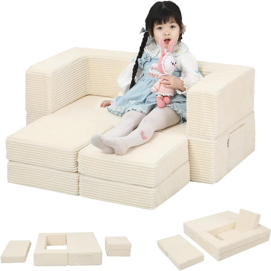 MeMoreCool Modular Kids Couch, Corduroy Play Toddler Couch for Bedroom Playroom Furniture, Convertible Foam Kids Sofa Bed, Fold Out Baby Sofa for Girl Boy, Beige