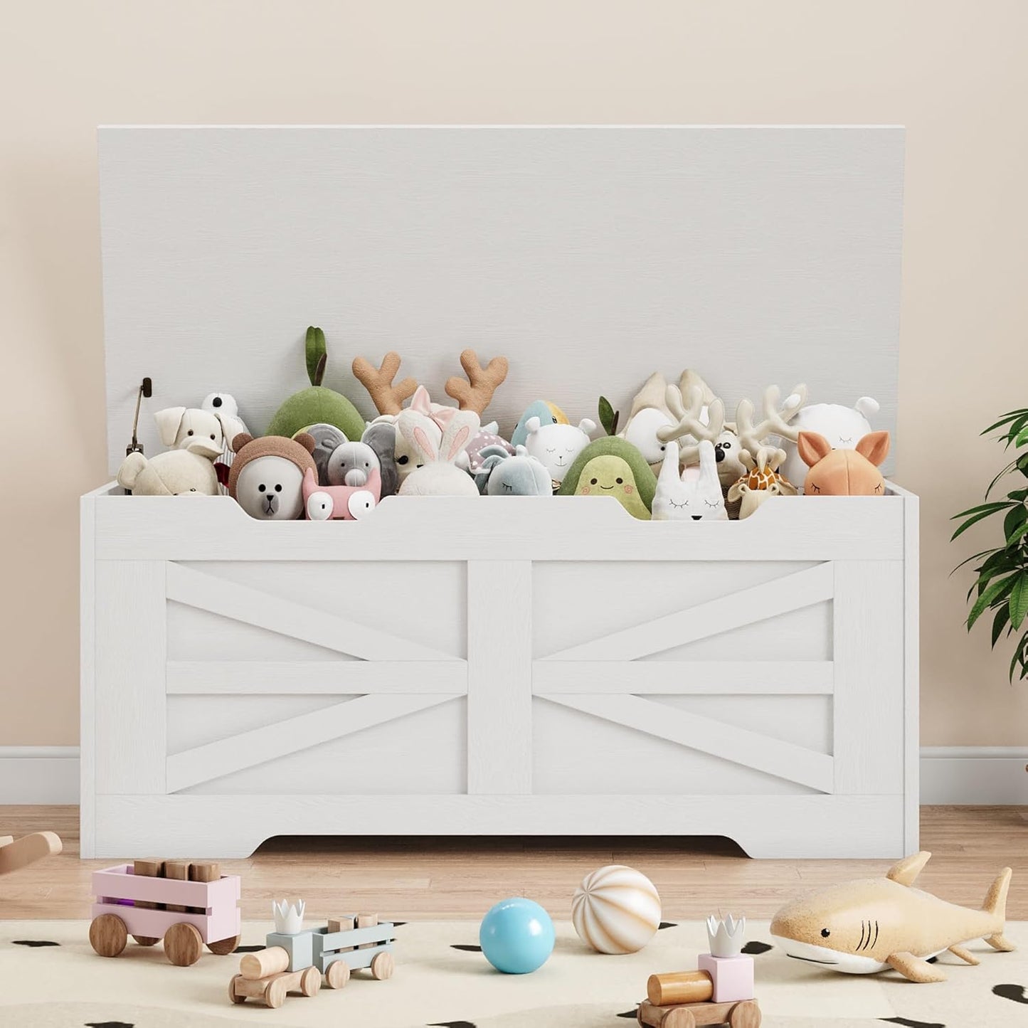 GarveeHome 39.4" Storage Chest, Toy Chest With Lids, Entryway Storage Bench with Safety Hinge, Wooden Storage Trunk, Supports 350 Lb, for Living Room, Bedroom,White