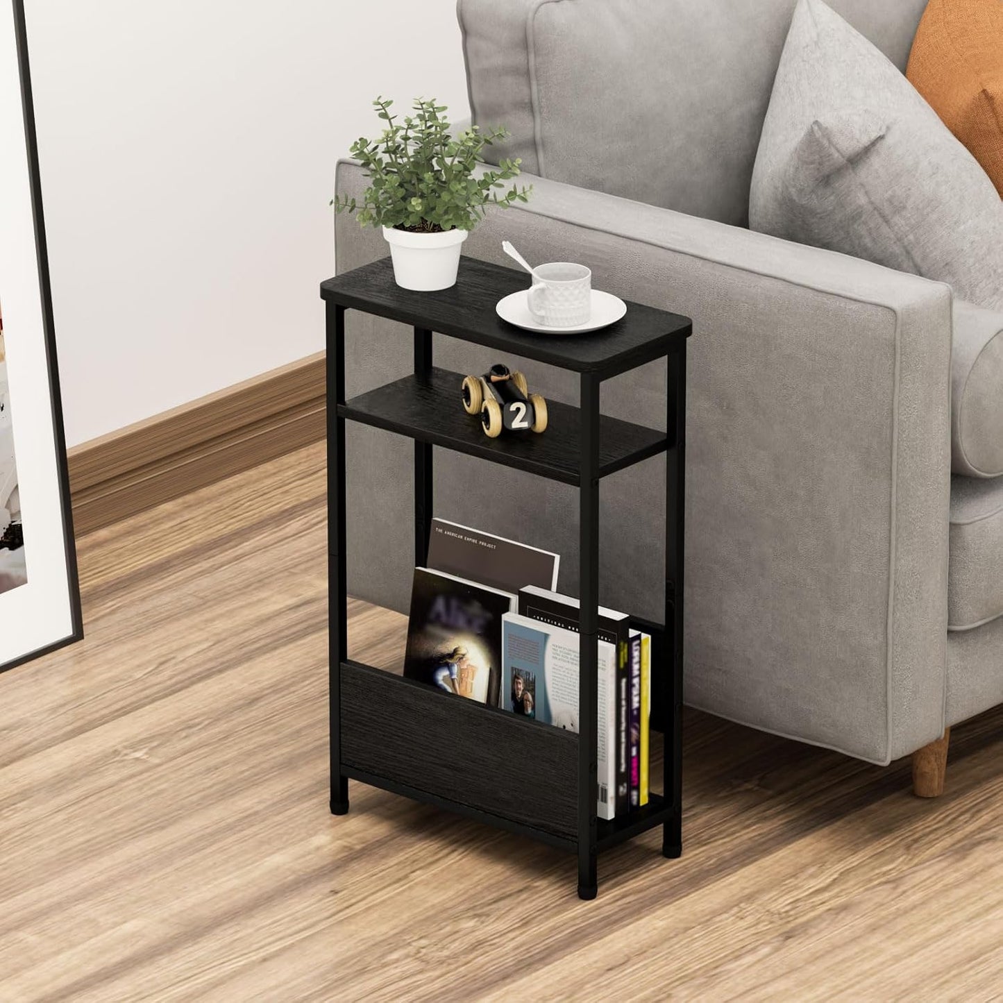 7.1" Narrow Side Table for Small Spaces, 3 Tier Small End Table with Magazine Holder, Slim/Skinny Nightstand/Bedside Table for Living Room, Bedroom, 15.4" L x 24.2" H, Black