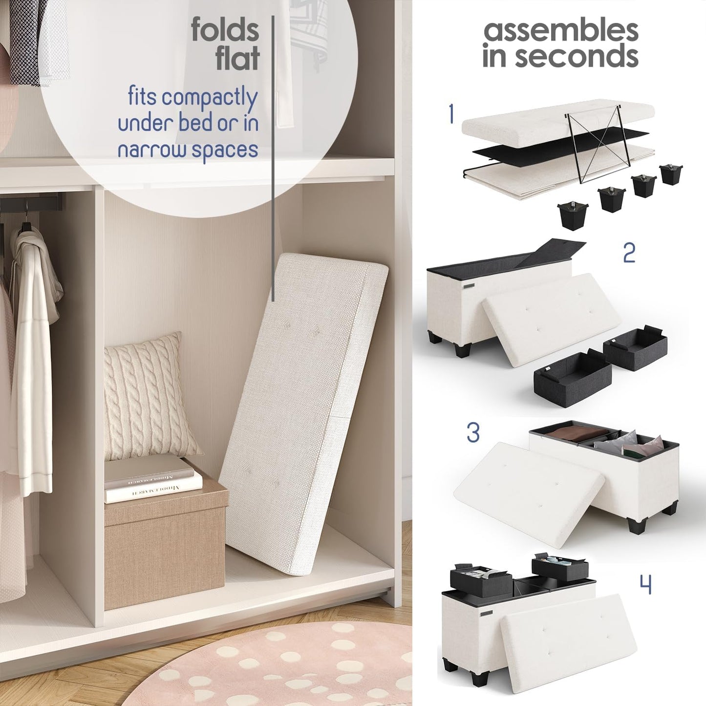 STORAGEBUD Storage Ottoman Bench with Bins, 30-in Storage Bench for Bedroom End of Bed, Folding Foot Rest Ottoman for Living Room Max 660lbs, Fabric Ottomans, Beige