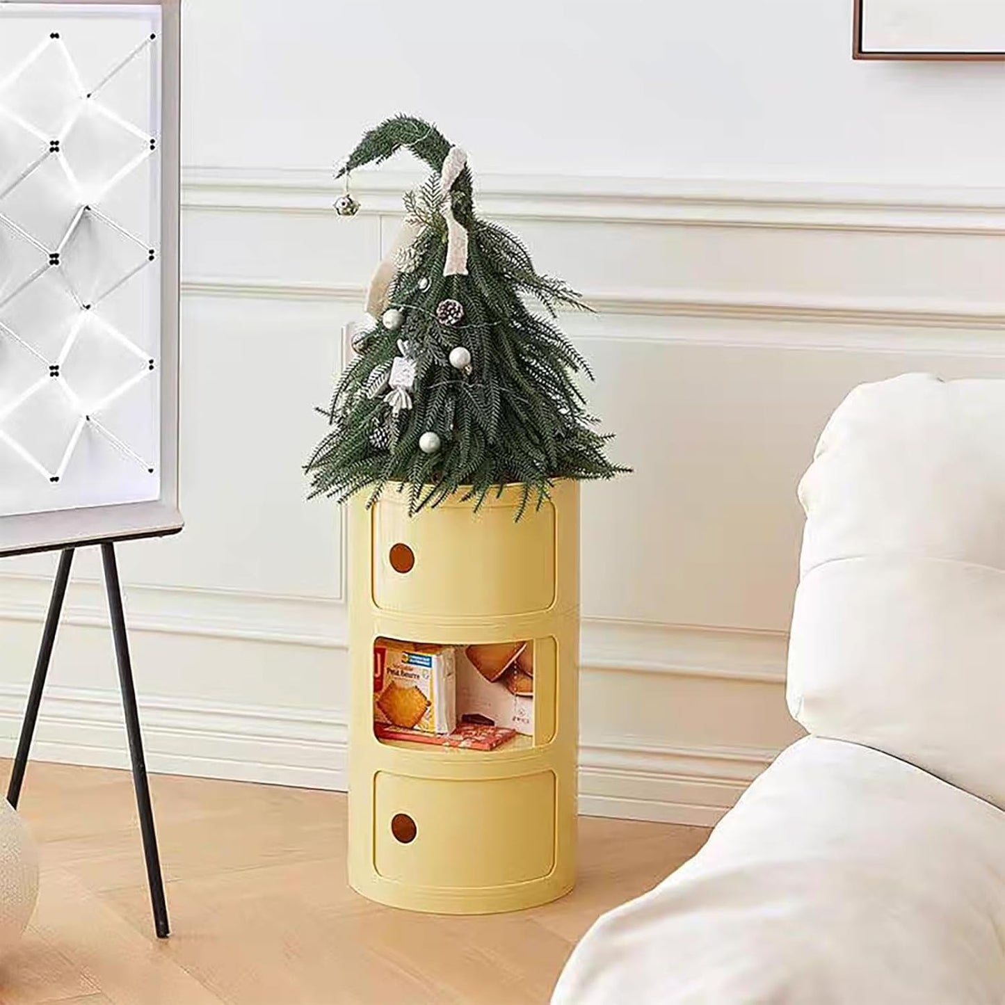 3 Tier Round Nightstand with Drawers, Light Yellow Round Side Table Small Plastic Storage End Table Suitable for Bedroom, Living Room, Bathroom (Light Yellow)