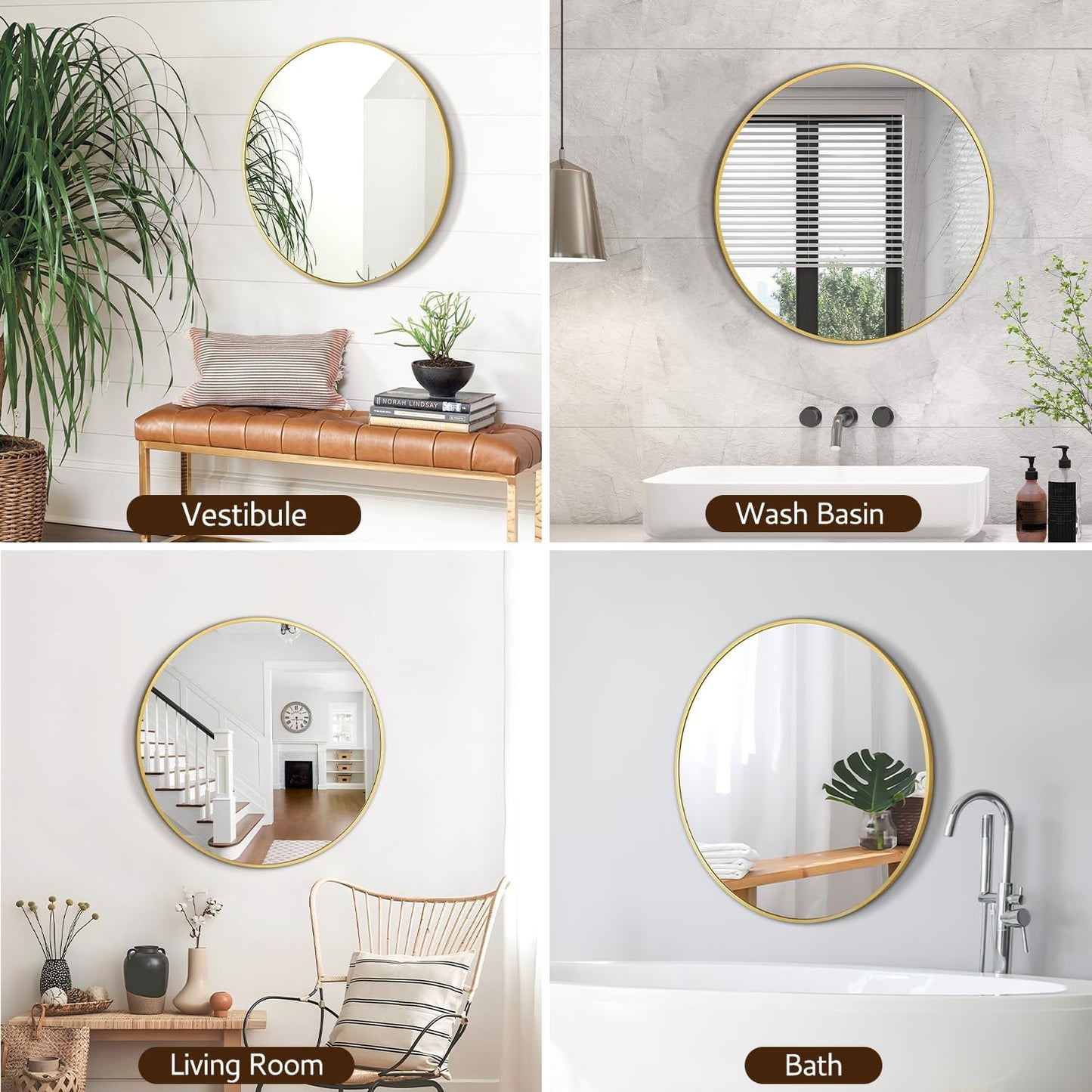 Round Mirror 24 Inch Gold Round Bathroom Mirror Wall Mirror Brushed Metal Frame Anti-Rust Tempered Glass for Bathroom Bedroom Entryway Living Room