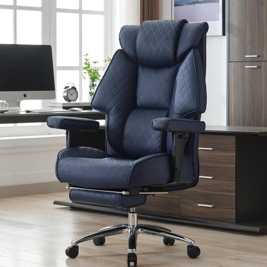 Big and Tall Office Chair with Footrest, PU Leather High Back Executive Office Chair 400lbs, Ergonomic Computer Chairs Lumbar Support for Heavy People (Blue)