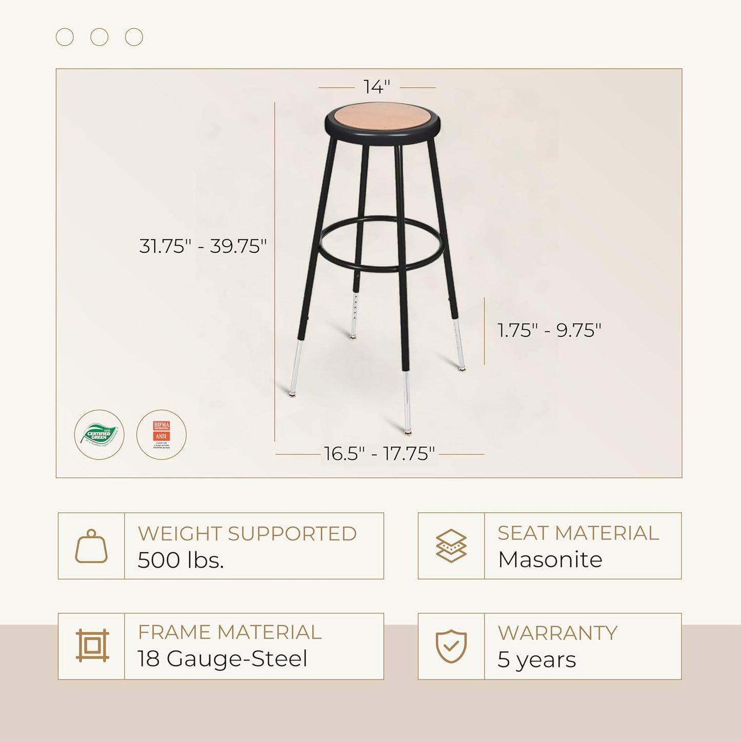 OEF Furnishings (2 Pack Height Adjustable Steel Stools, Black, 31-39"