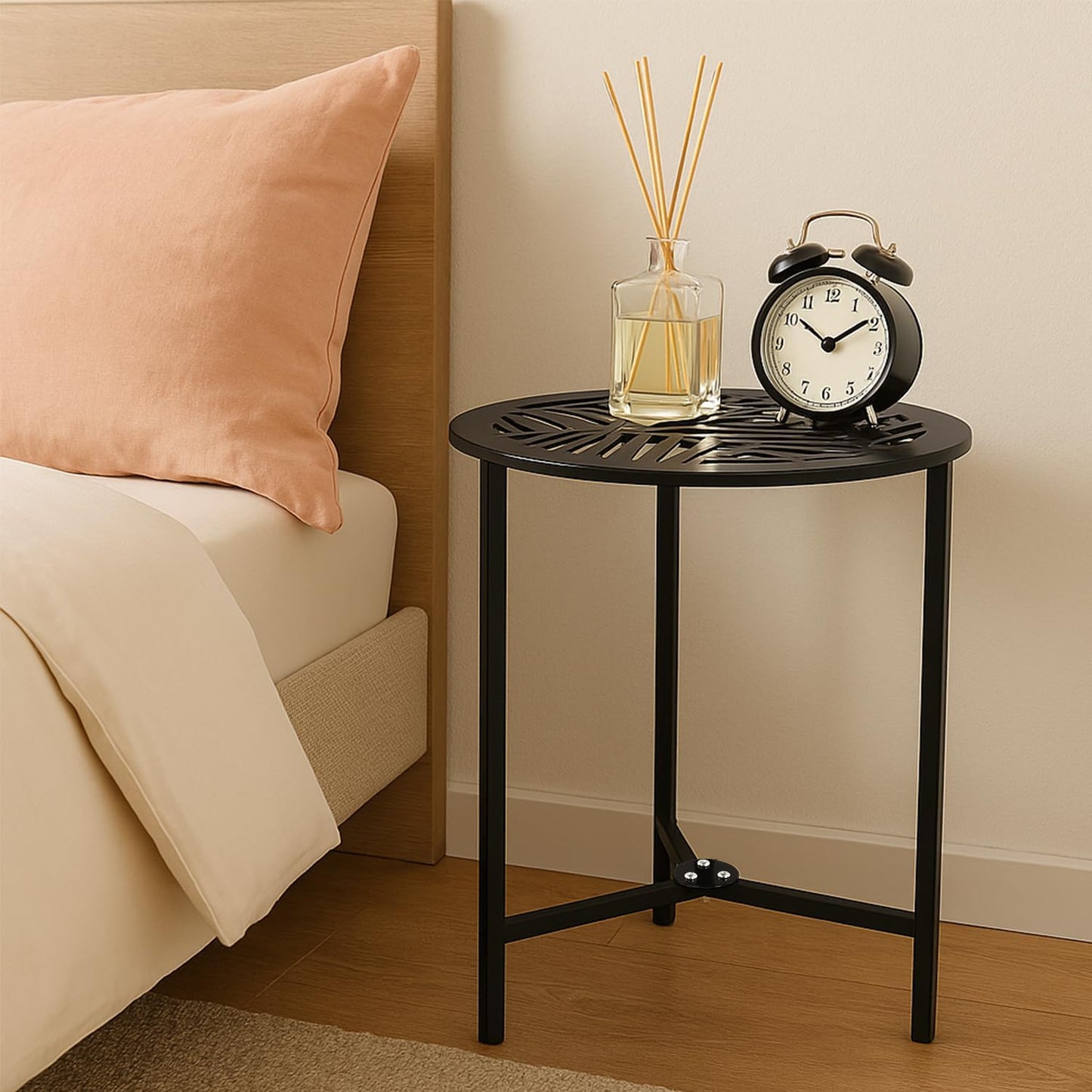 2 Packs 13" Metal Outdoor Side Tables Small Black Outside End Table for Patio Round Accent Corner Stand for Small Spaces Weather-Resistant Coffee Table for Balcony Porch Plant Stand, Pinna Form Leaf