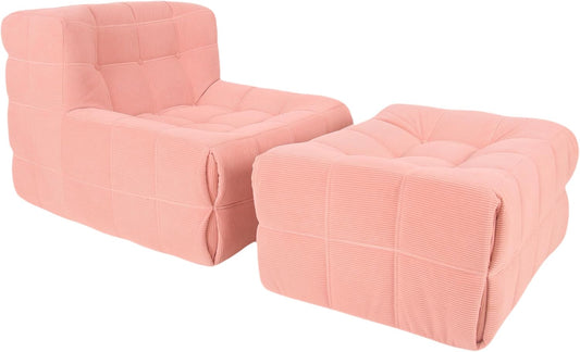 Bean Bag Chair - Memory Foam Bean Bag Chair for Adults, Comfy High-Resilience Single Sofa, Small Space Floor Chair, Chaise Lounge for Living Room, Bedroom (Pink, Square + Ottoman)