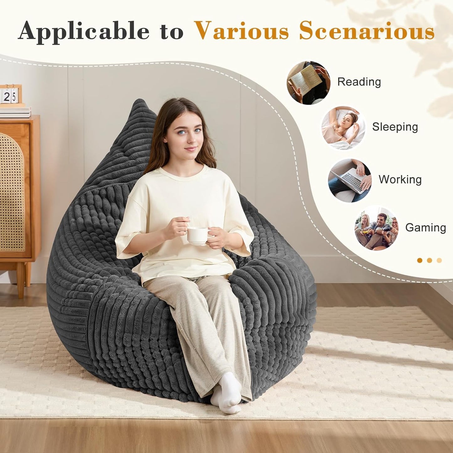 3-in-1 Giant Bean Bag Chair for Adults & Kid, Convertible Floor Sofa to Mattress, High-Density Foam Chair Bed with Washable Cover, Multi Functional Lounge Couch for Bedroom, Living Room (Dark Grey)
