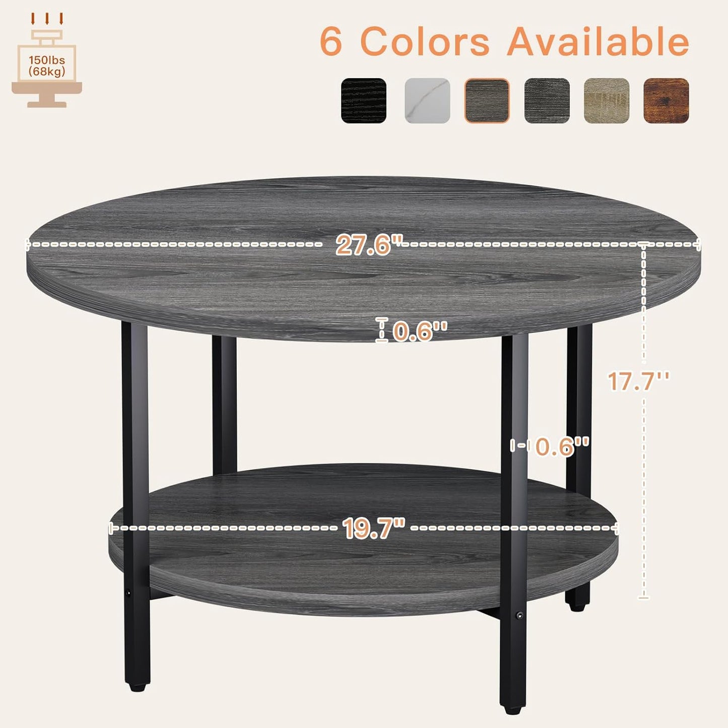Coffee Table, 2 Tier Coffee Tables for Living Room, Round Coffee Table with Storage, Floor Table for Bedroom, Home Office, Grey (27.6" D x 17.7" H)