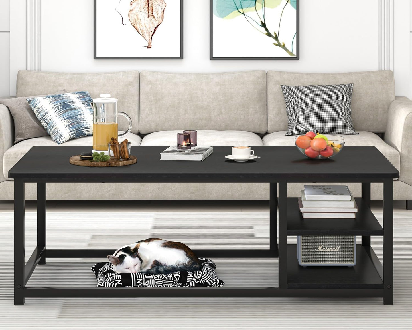 EXCEFUR Black Coffee Table, Rustic Wood Living Room Table with Storage Shelf, Modern Rectangle Center Table, 47 Inch