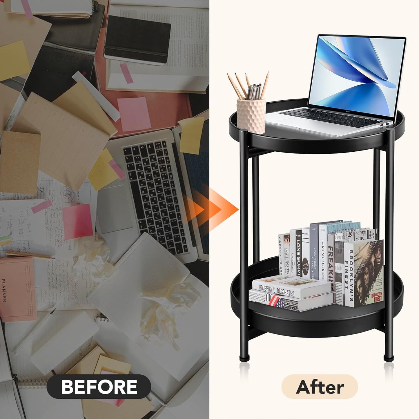 Small Side Table Round for Small Spaces Indoor Outdoor, Mini End Table Metal, 2 Tier Plant Stand Foldable, Bedside Table for Living Room, Bed Side, Sofa Side, Patio, Night Stand 20.5'' Tall, Black