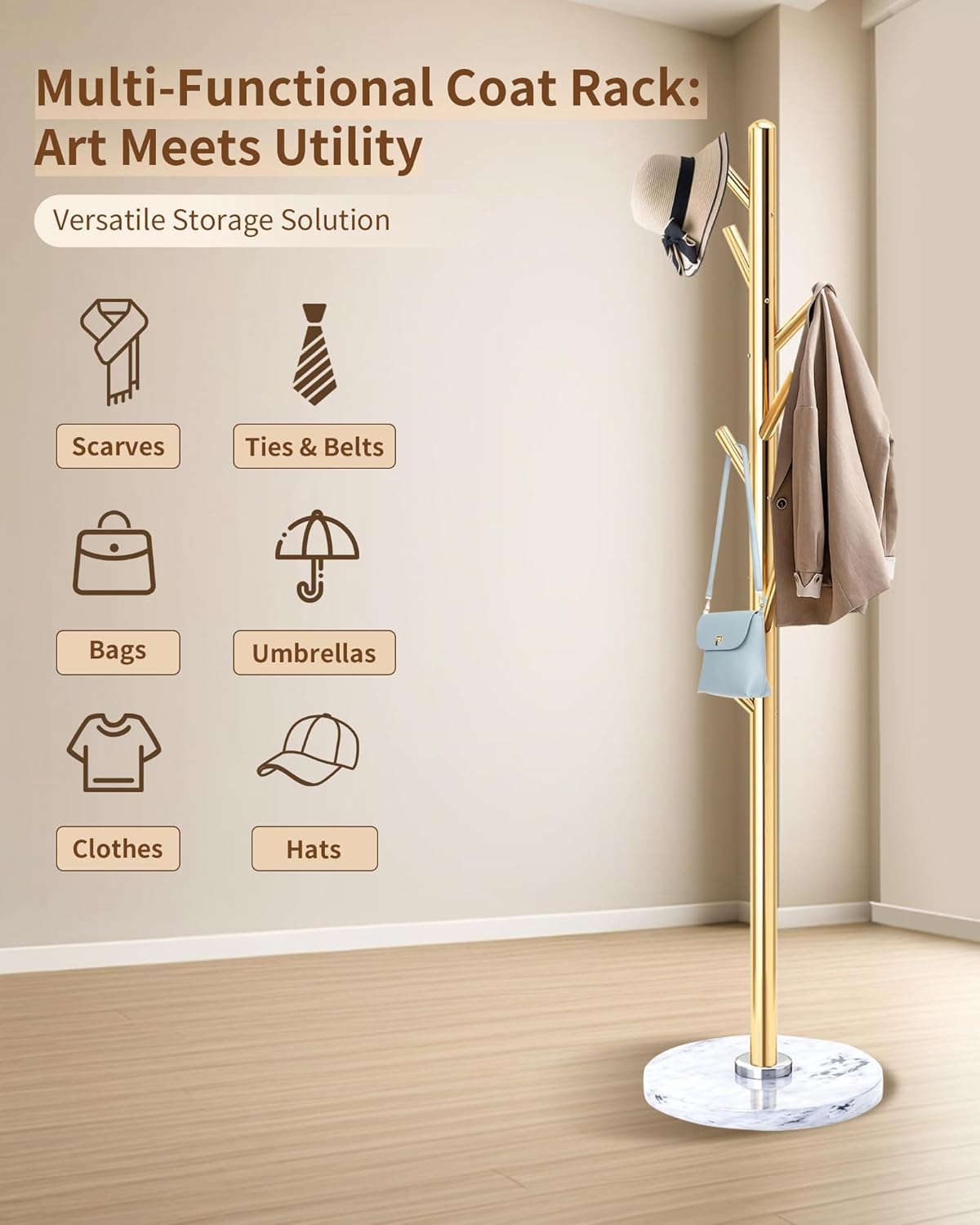 EZIVIEZ Modern Coat Rack Stand, Metal Freestanding Coat Rack with Natural Marble Base, Golden Coat Racks with 8 Hooks and Coat Hanger Tree Jacket Stand for Office, Entryway, Hallway