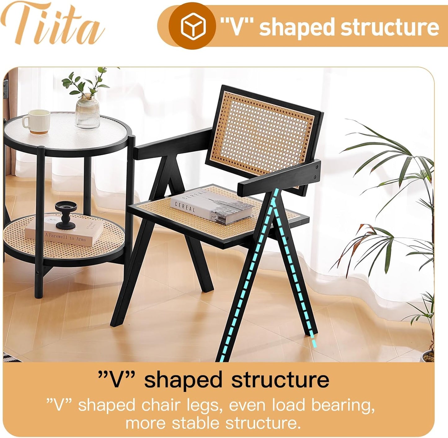 Tiita Rattan Accent Chairs, Mid Century Modern Dining Chairs Set of 2, Bamboo Living Room Chair for Reading Room Dining Kitchen, Black