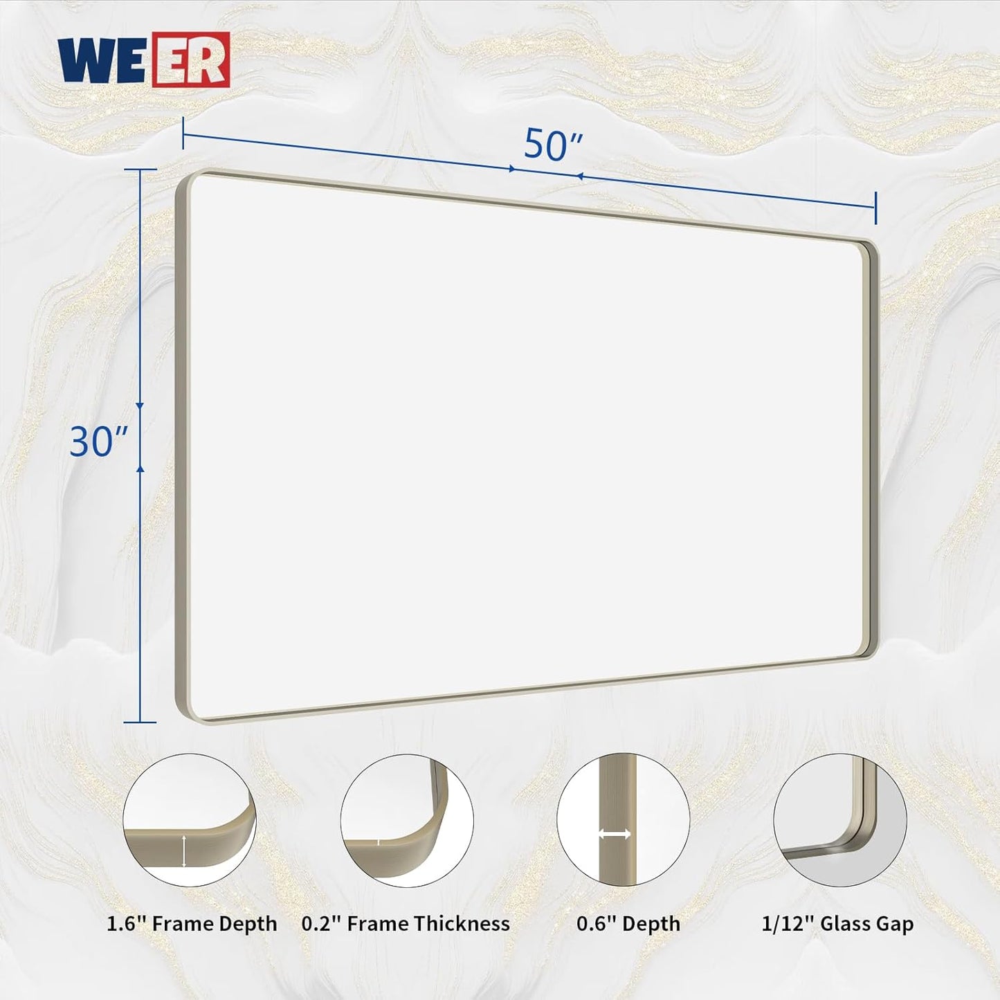 WEER 50X30 Inch Brushed Nickel Bathroom Mirror, Brushed Silver Metal Frame Mirror, Rounded Rectangle Silver Bathroom Vanity Mirror, Tempered Glass, Anti-Rust, Hangs Horizontally or Vertically