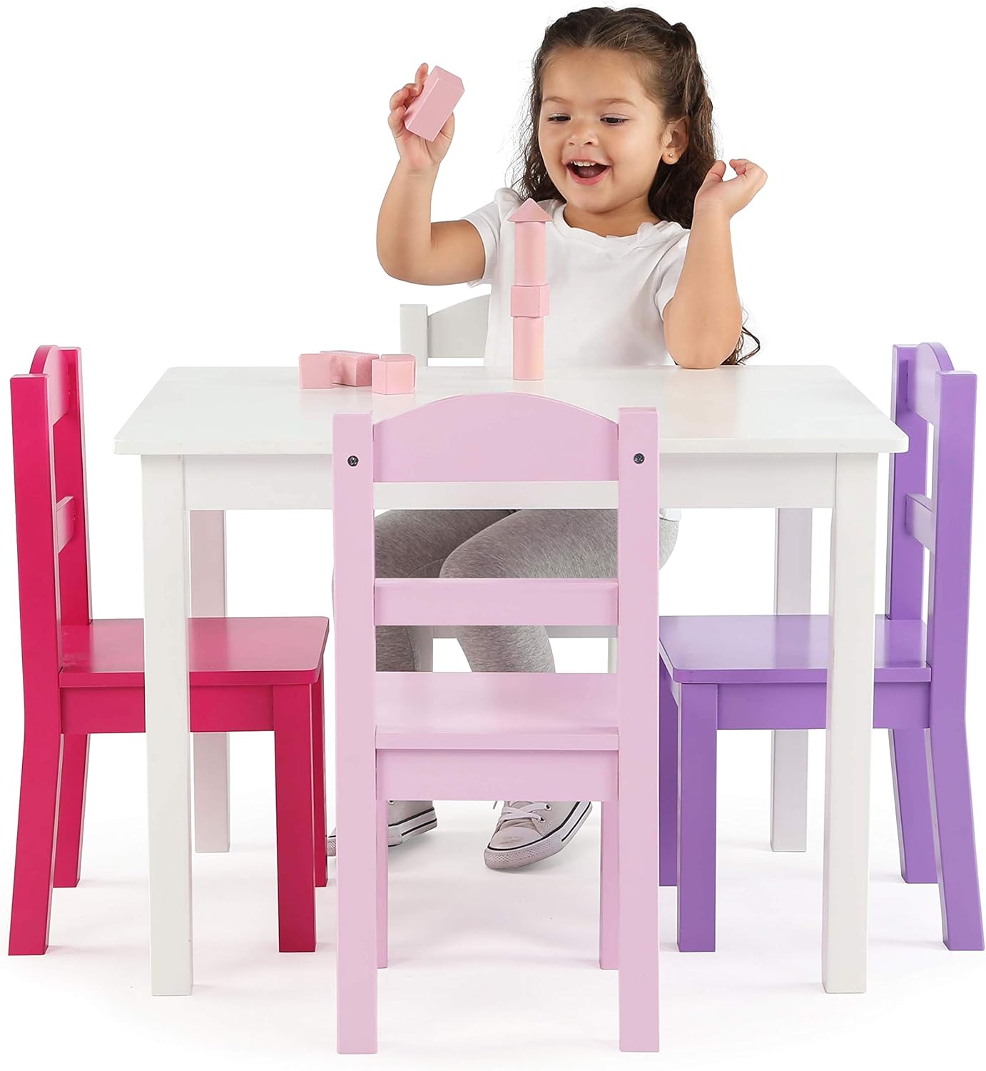 Humble Crew Kids Wooden Table and 4 Chairs Set, White/Purple/Pink - Kids Table and Chair Set for Toddlers and Children for Arts, Crafts, and Snack Time - Sturdy, Durable Toddler Activity Table