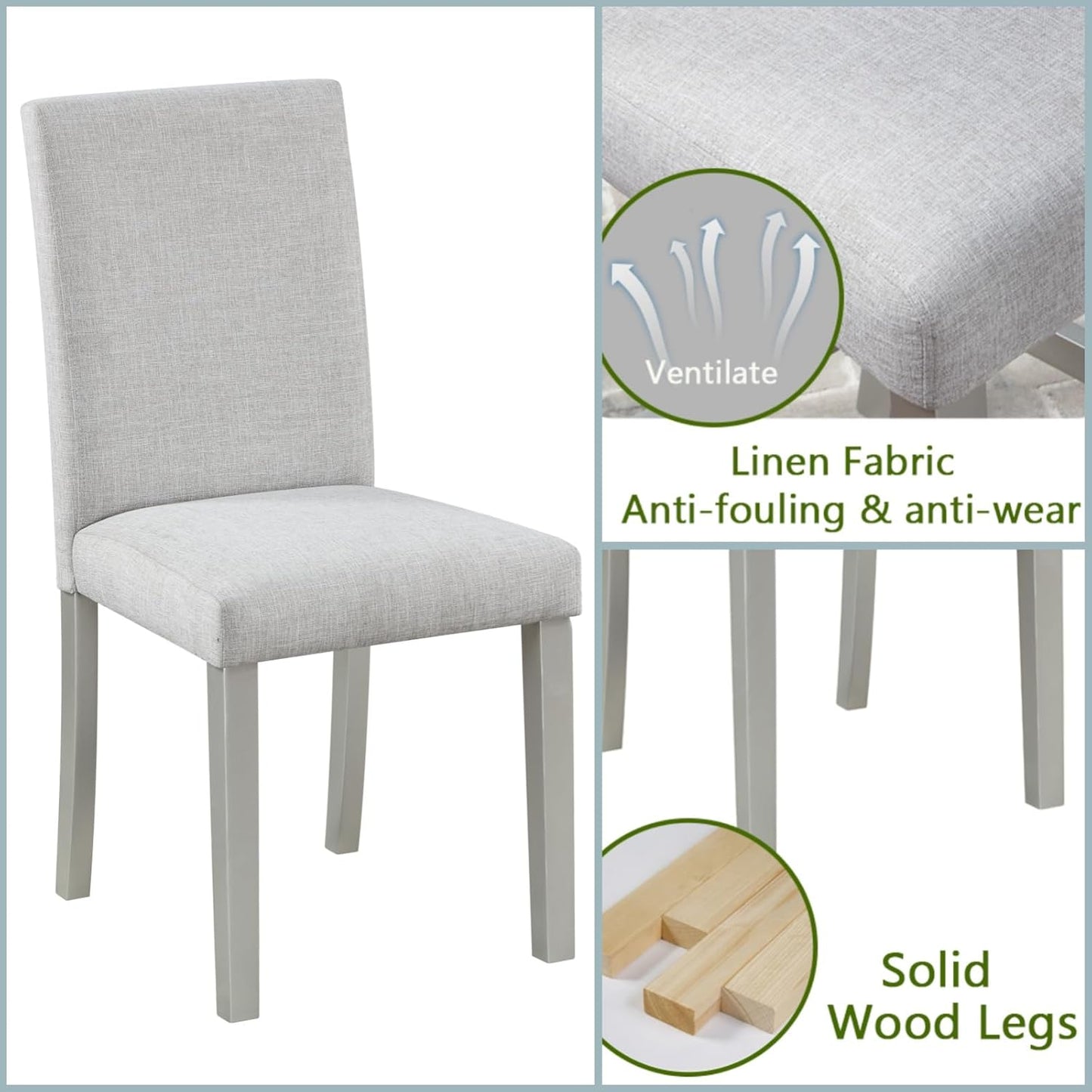 Dining Table Set for 4, 5-Piece Kitchen Table & Chairs Set with Versatile Square Table & 4 Upholstered Chairs, 34.5'' Dinner Set with Crystal Decorations & Wood Grain Design, Silver Gray