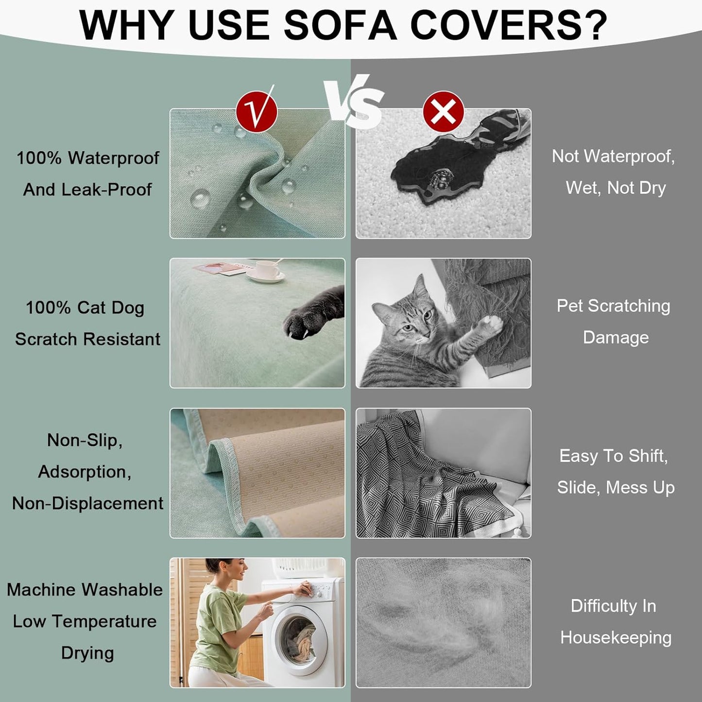 STACYPIK 100% Waterproof Sea Green Sofa Covers, Couch Cover for Sectional, Anti-Cat Scratch Furniture Protector, Washable Jacquard Sofa Cover for Dogs, Kids, Wear Resistant Sofa Slipcover-71X71IN