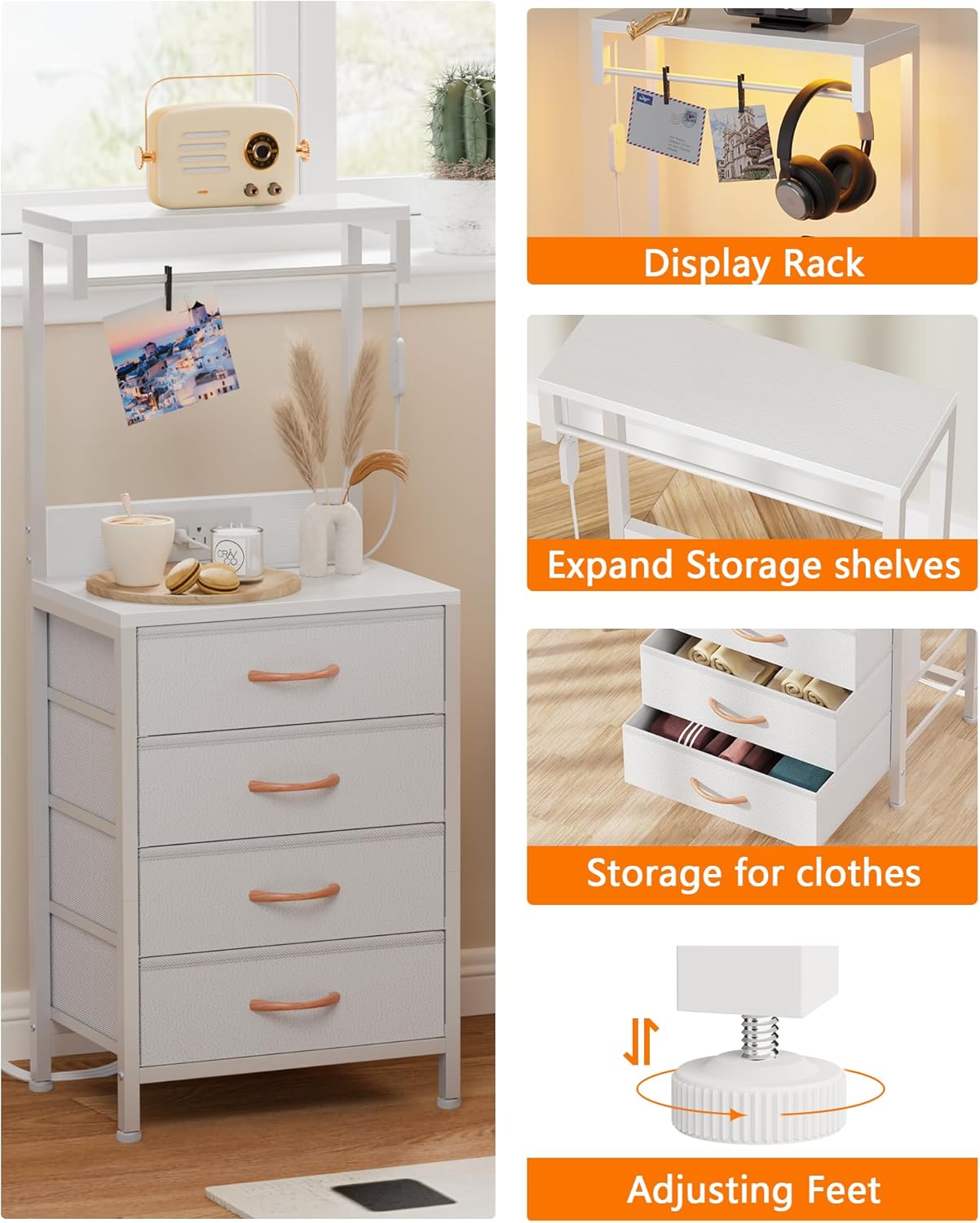 Furnulem Nightstand, White Tall Night Stand with Charging Station and LED Lights, Bedside Table for Bedroom, Office, Hallway, 4 Fabric Drawers, Metal Frame, Wood Shelves