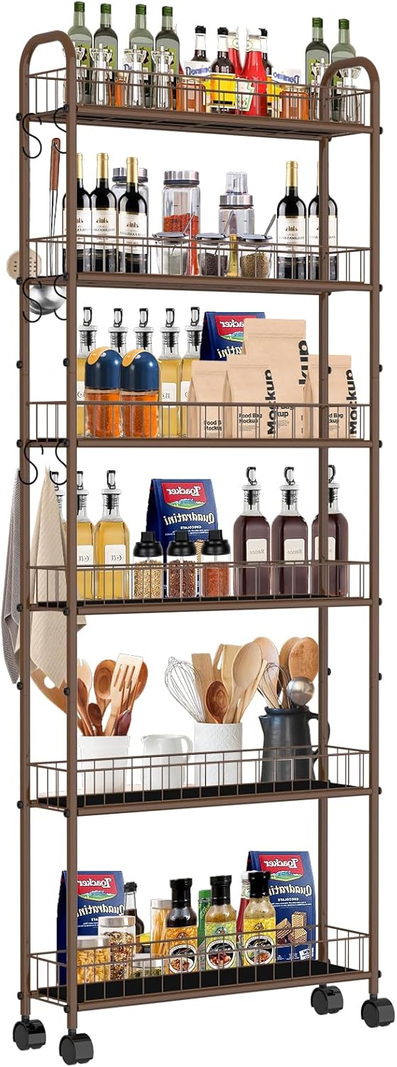6-Tier Slim Storage Cart with Wheels, 6in Narrow Rolling Shelf,Sturdy Slim Storage Ideal for Kitchen, Bathroom, and Laundry Room,Champagne Gold