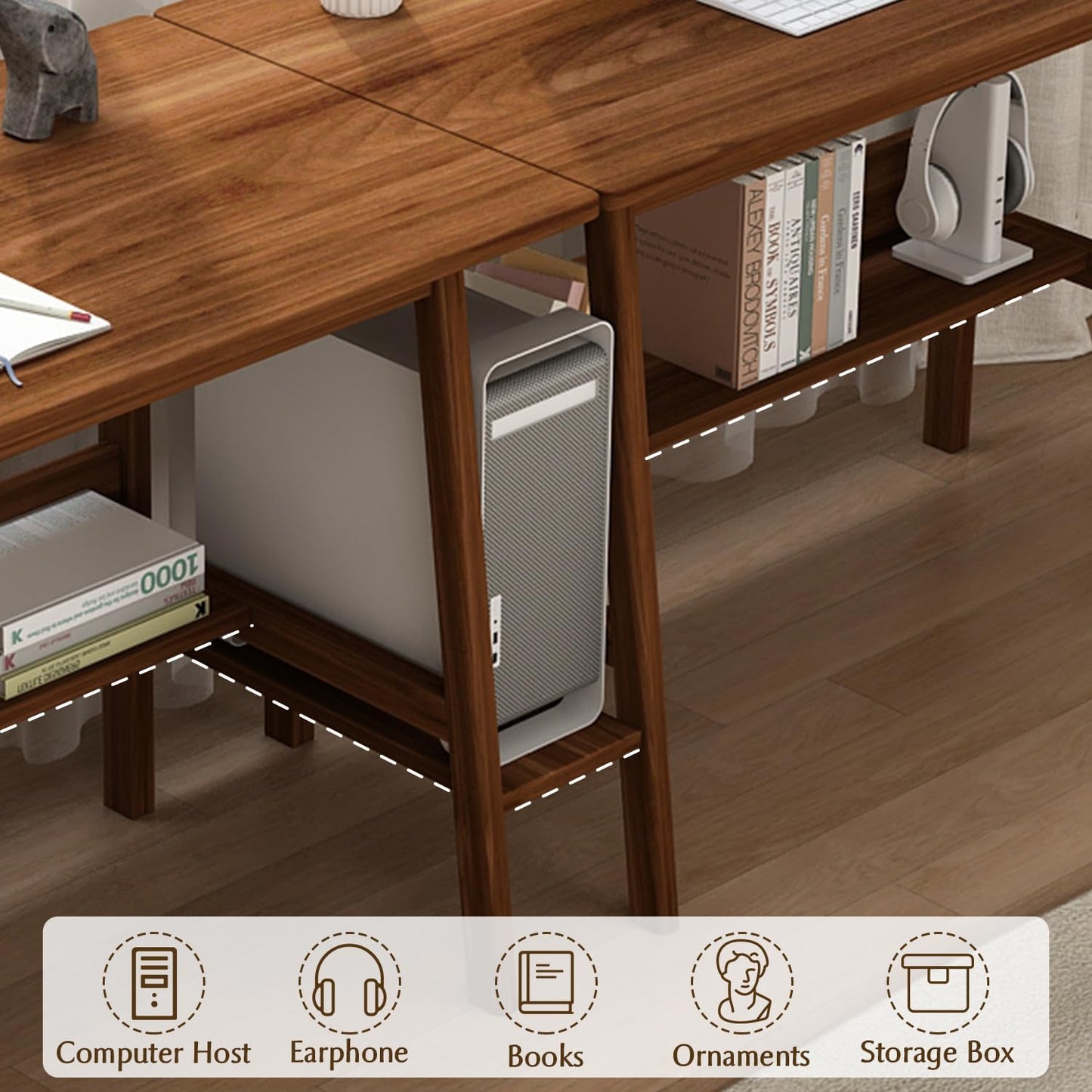 2-Person Writing Desk with Bookshelf - 79" Wooden Extra Long Home Office Work Table, Double Study Computer Workstation with Storage Shelves in Walnut, 79" W x 24" D