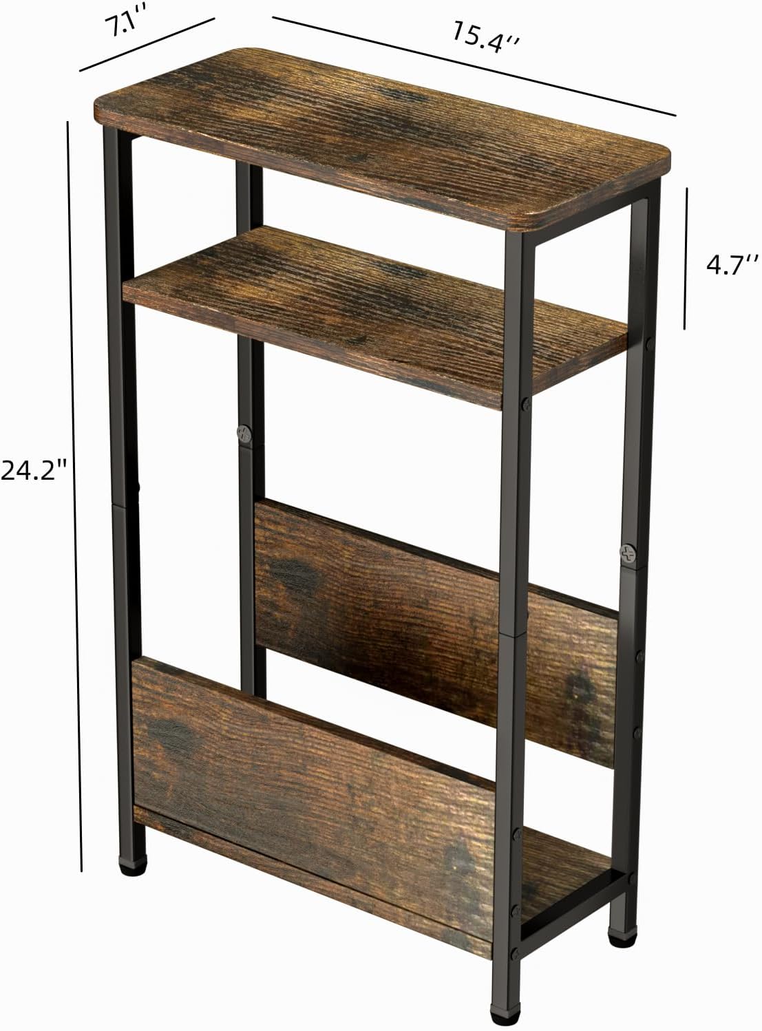 7.1" Narrow Side Table for Small Spaces, 3 Tier Small End Table with Magazine Holder, Slim/Skinny Nightstand/Bedside Table for Living Room, Bedroom, 15.4" L x 24.2" H