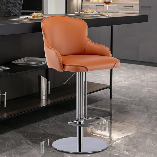 Black Titanium Stainless Steel Bar Stools,Grade Modern Leather Bar Chair with Backrest,Swivel Adjustable Height for Kitchen Counter and Dining Room (Brown Leather-1pc)