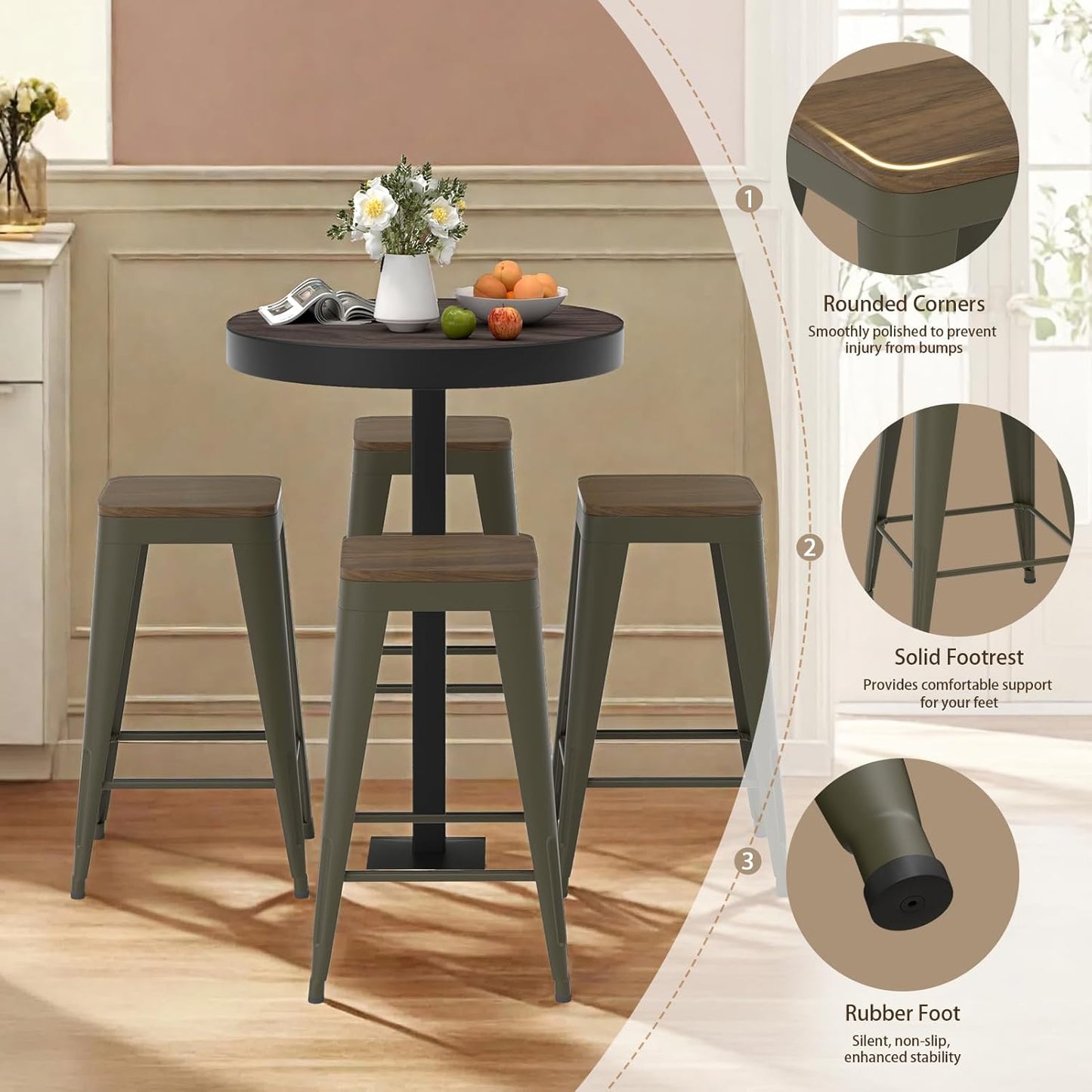 30 inch Backless Bar Stools Set of 4, Indoor Metal Bar Stools with Wood Seat, Industrial Counter Height Barstools for Kitchen Island, Rusty