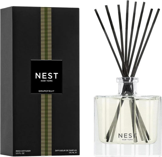 NEST New York Reed Diffuser, Grapefruit - 5.9 fl oz - Fragrance for Up to 90 Days - Reusable, Refillable Glass Holder - Includes 8 All-Natural Reed Sticks - Flame Free