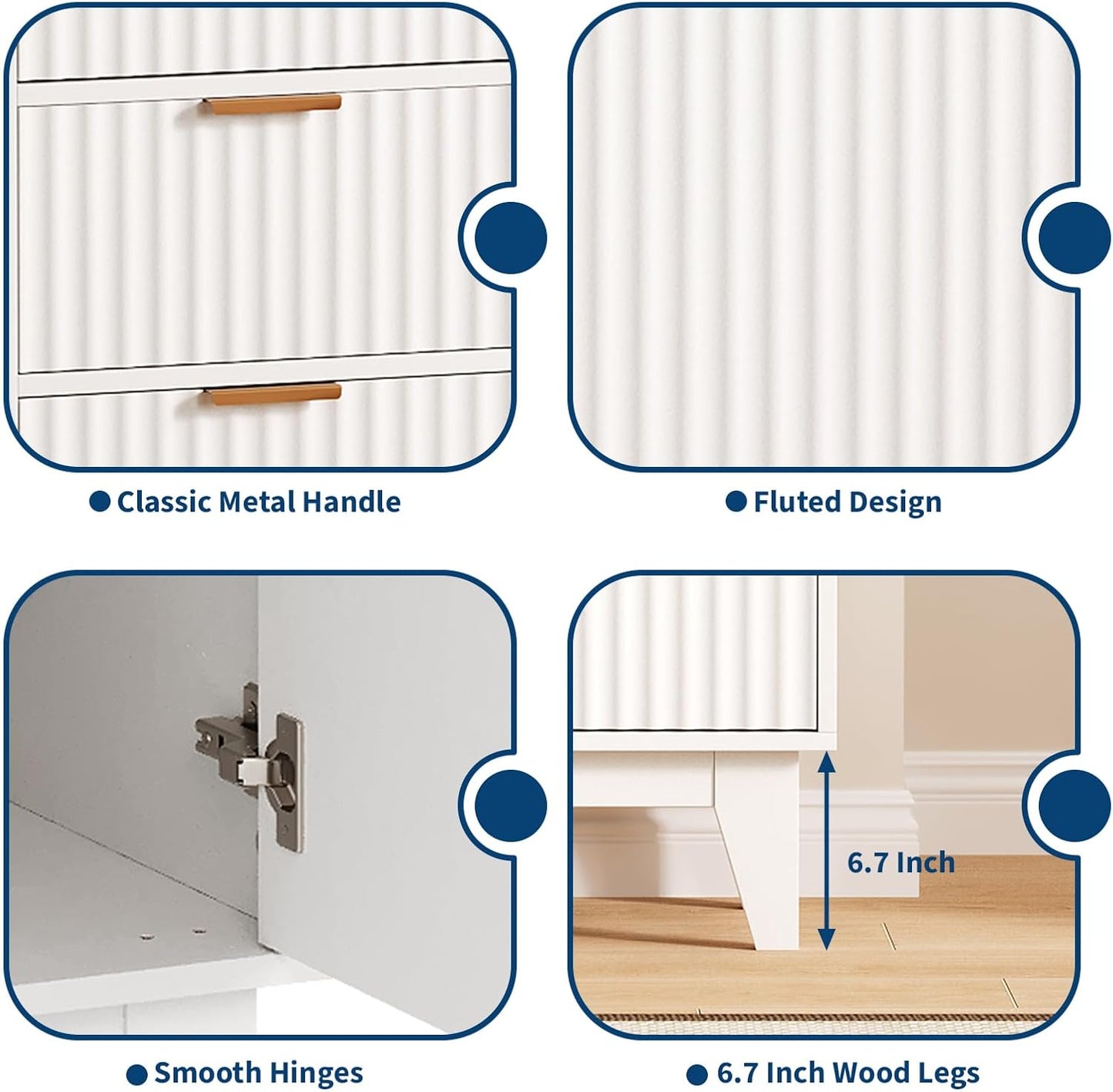 Garvee 47.2" Fluted Buffet Cabinets with Storage, Sideboard Storage Cabinet with 3 Drawers and 2 Doors, Modern Mid Century TV Stand Coffee Bar Furniture for Living Room, Kitchen, Entryway- White