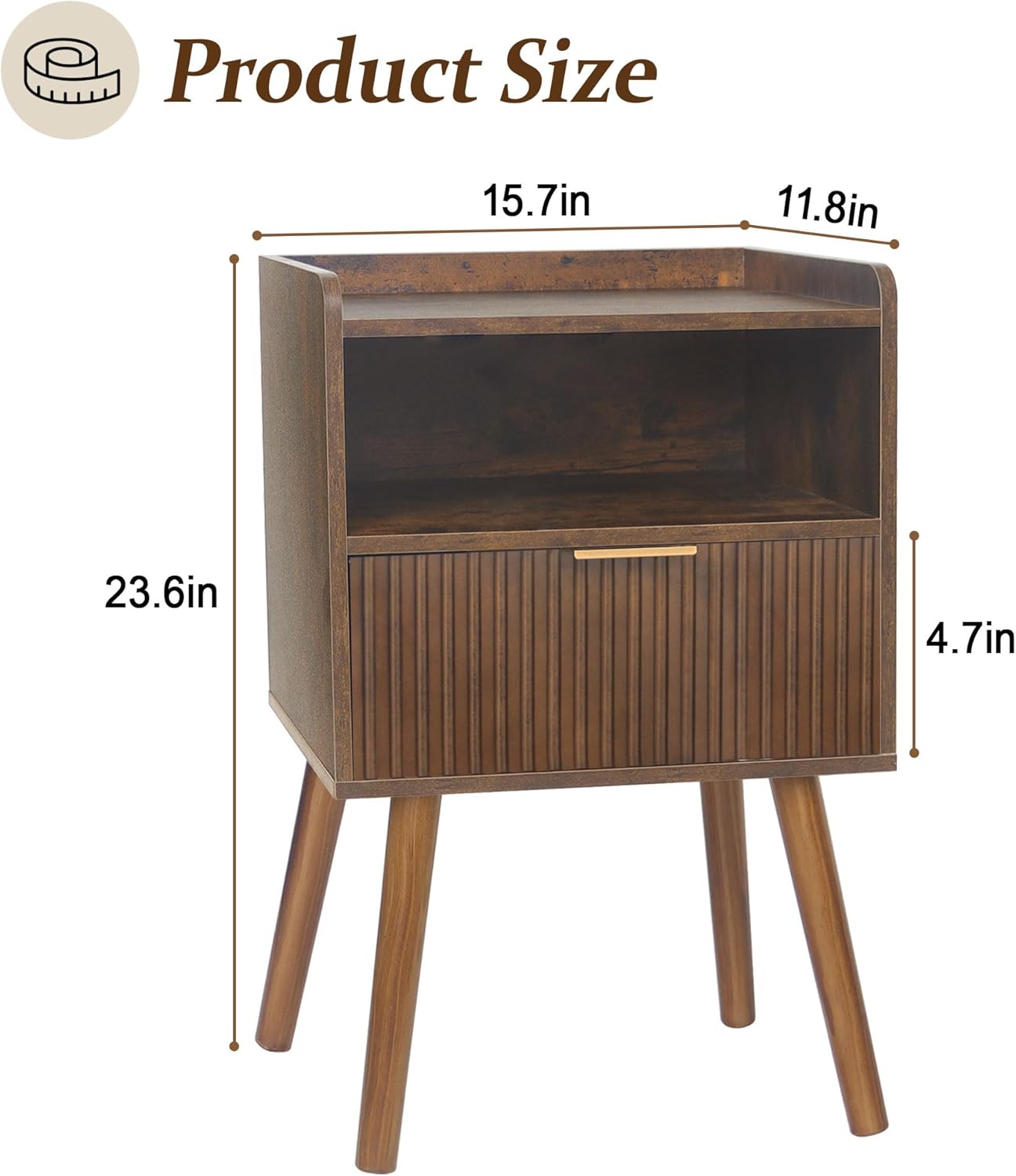 AWASEN Mid Century Modern Nightstand, Wood Bedside Table with Fluted Drawers, Rustic Night Stand Bed Side Table with Solid Wood for Living Room, Bedroom, Office and Small Space (Rustic Brown)