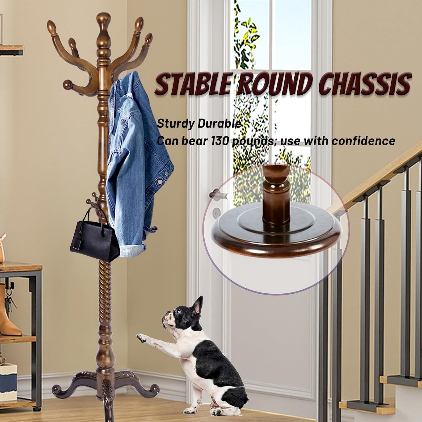 73 in Wood Coat Rack, Coat Rack Freestanding with Stable Round Base, Adjustable Height Tree Coat Racks Stand for Home Bedroom Office Hallway Entryway (Triangular Antique)