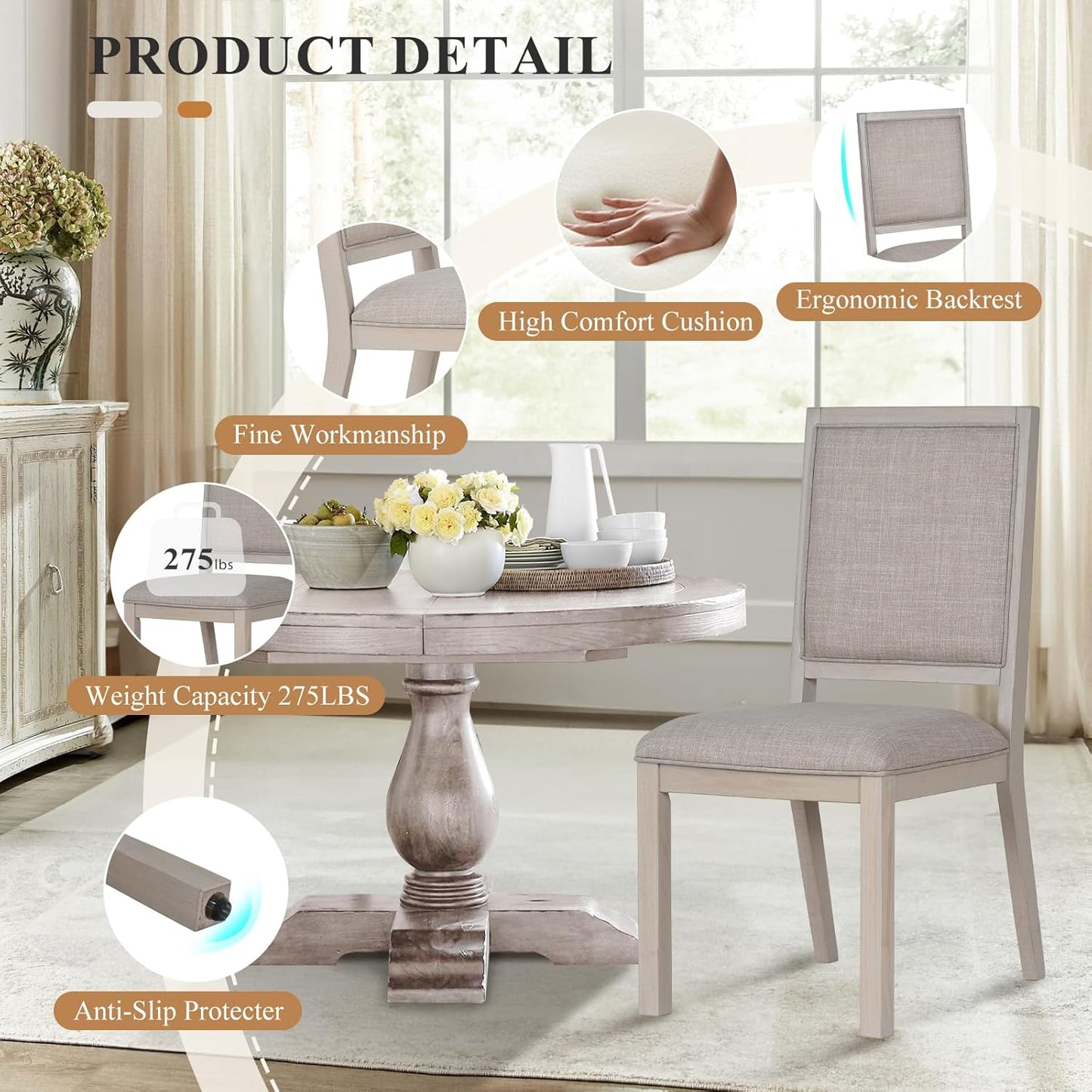 COLAMY Wood Dining Chairs Set of 6, Mid Century Modern Upholstered Kitchen Chairs,19 Inch Fabric Dining Chair with Back for Kitchen Dining Room,Ivory