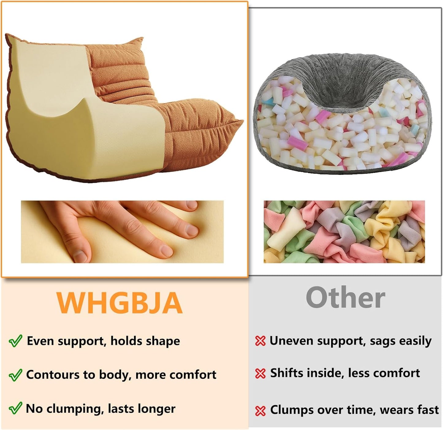 Bean Bag Chairs for Adults, BeanBag Reading Chair Memory Foam Couch 3-Seater, Floor Chair Soft Teddy Material, Comfy Reading Nook Chairs for Bedroom Living Room Office (Orange)