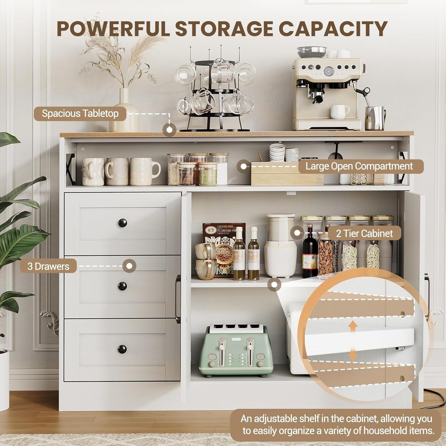 Buffet Cabinet Sideboard with Storage, 47" Farmhouse Coffee Bar Kitchen Buffet Storage Cabinet with 3 Drawers, Adjustable Shelves and Doors, Wood Kitchen Table for Dining Room Furniture