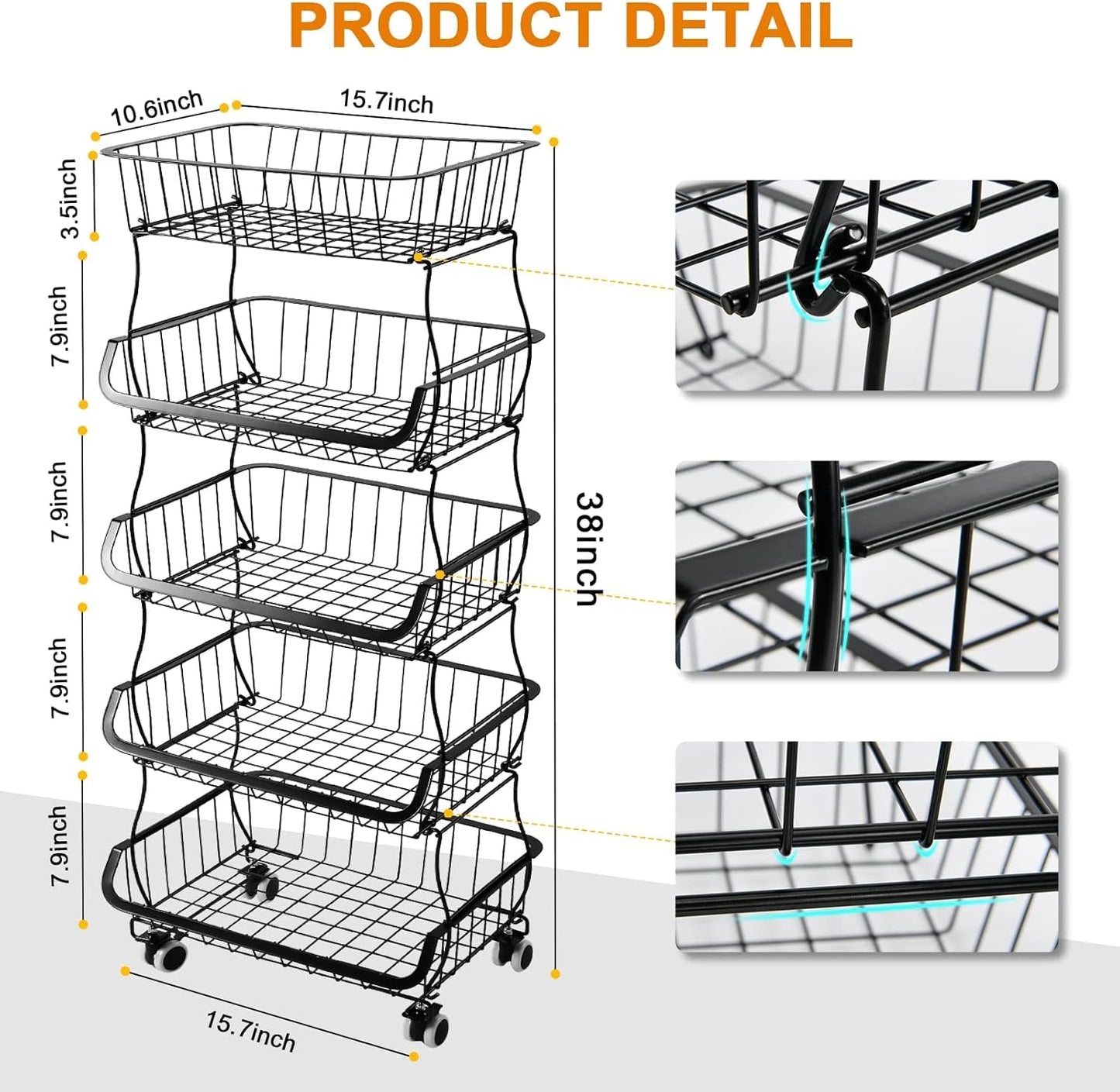Fruit Vegetable Storage Basket, 5 Tier Stackable Metal Wire Storage Baskets with Wheels, Fruit Vegetable Produce Basket Organizer Bins for Kitchen, Pantry, Bathroom