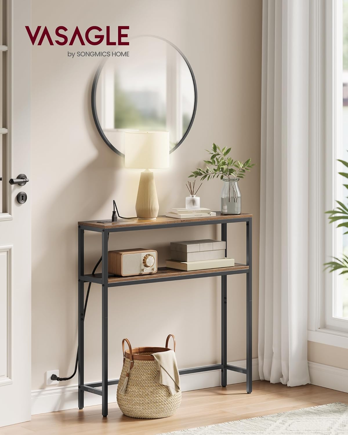 VASAGLE Console Table with Power Outlet, 2-Tier Narrow Sofa Table with 2 Shelves, 7.9 x 31.5 x 31.5 Inches, for Living Room, Hallway, Entryway, Rustic Brown and Ink Black ULNT135K01