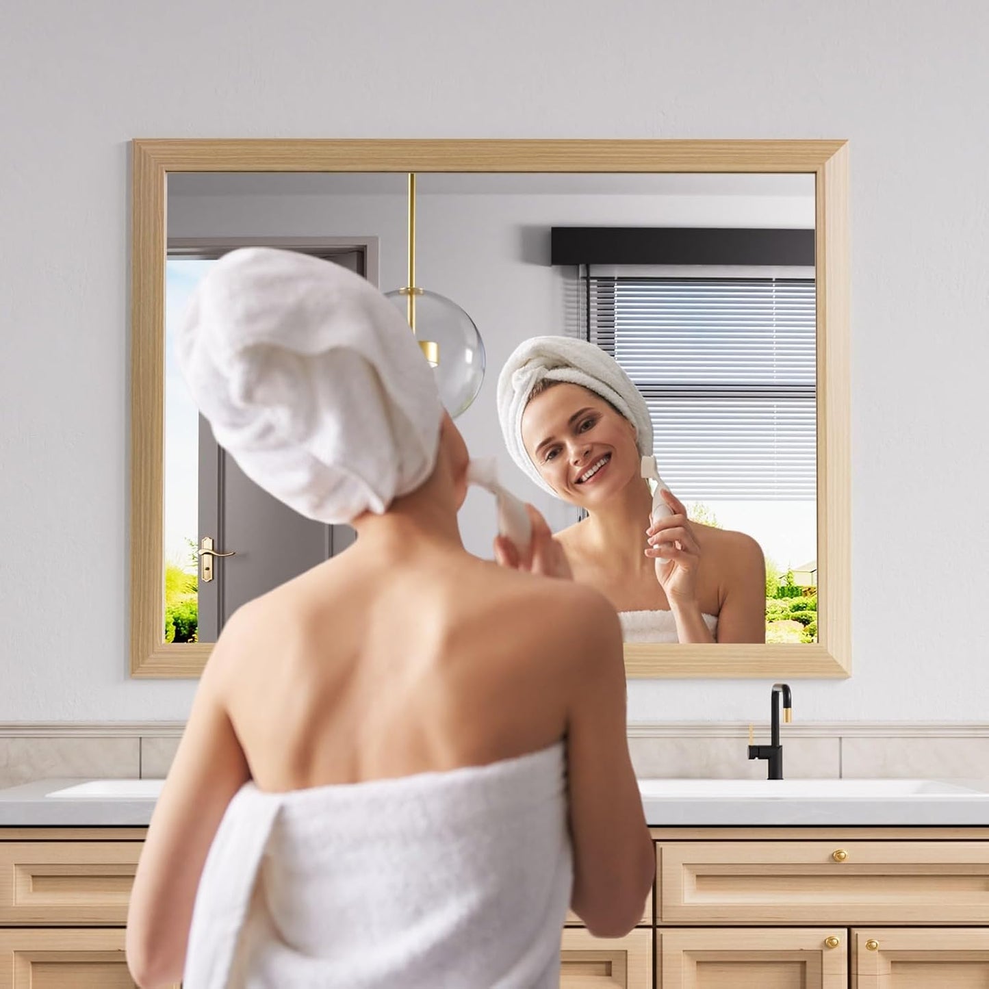 Amorho 48X36 Inch Bathroom Mirror for Wall, Oak Wood Grain Metal Framed Mirror, Anti-Rust, Hang Horizontally/Vertically, Suitable for Vanity, Bedroom, Farmhouse, Bathroom