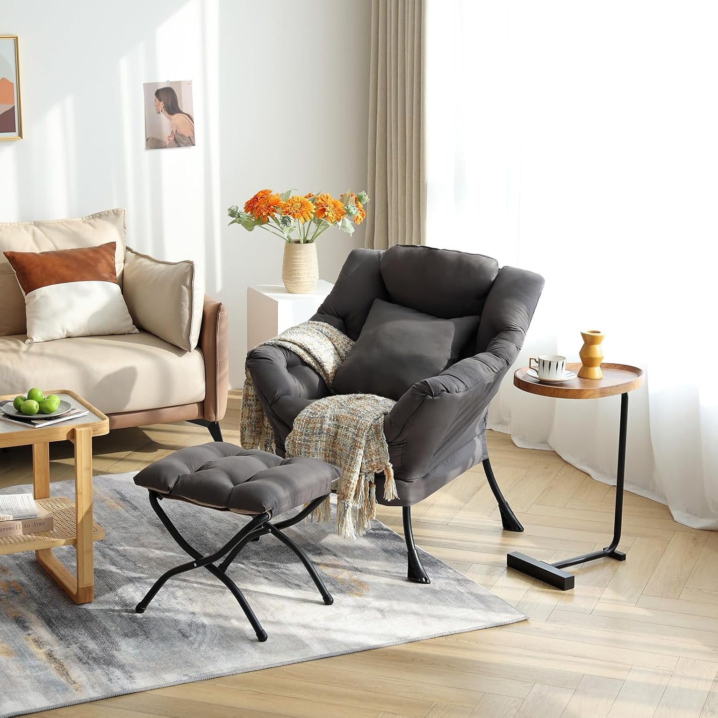 Lazy Chair with Ottoman, Comfy Reading Lounge Chair with Footstool & Throw Pillow Modern with Armrests & Side Pocket for Living Room, Bedroom, Dorm Room, Dark Grey