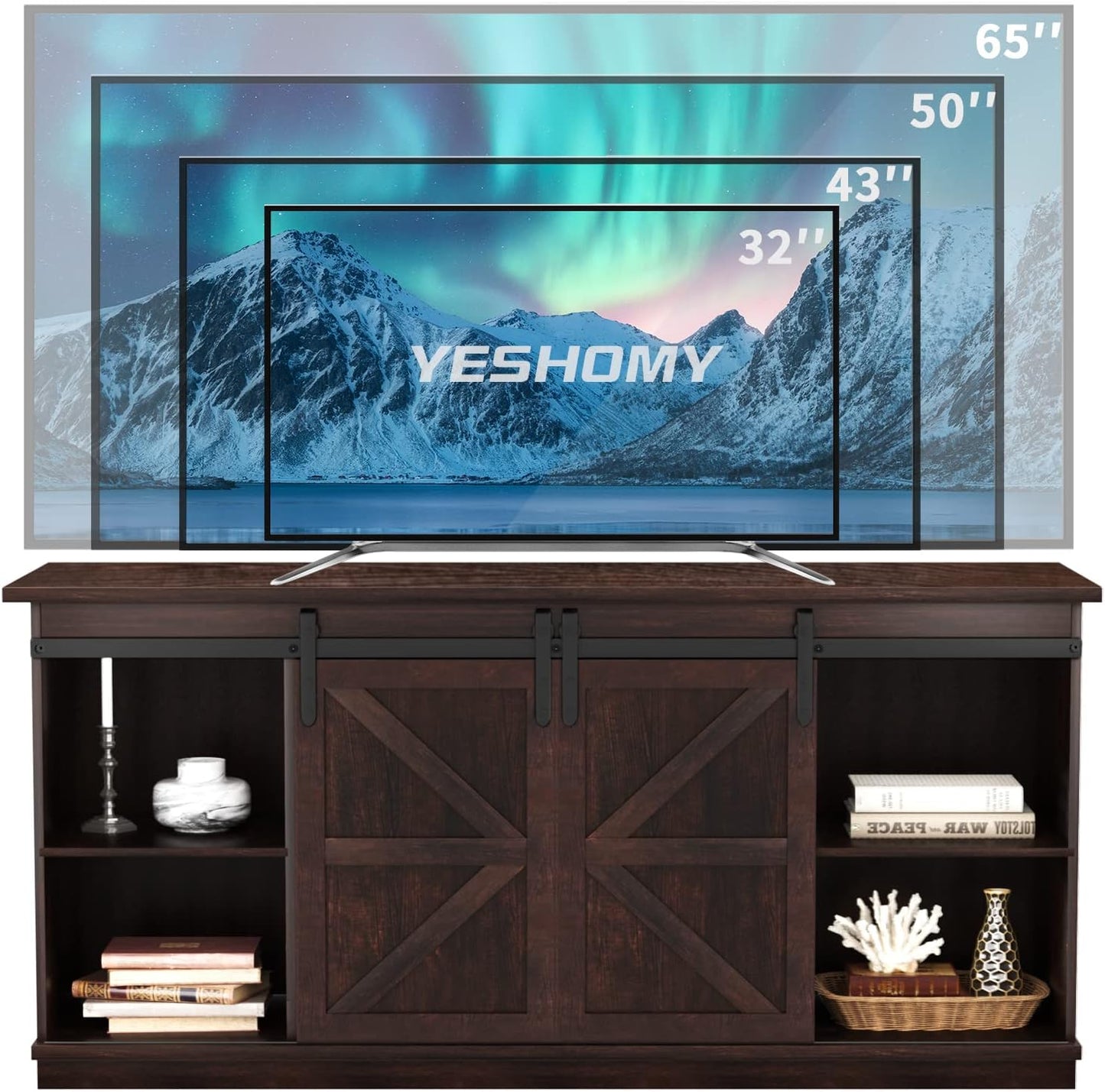 YESHOMY TV Stand for Televisions up to 65 Inches, with Sliding Barn Doors and Storage Cabinets, Console Table and Media Furniture for Living Room, 58 Inch, Espresso