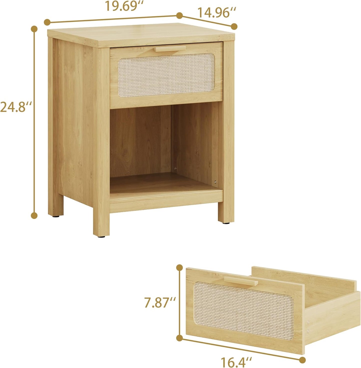 Rattan Nightstand, Farmhouse Bedside Table with Opening Storage,Large Side Table with Drawer,Boho Night Stand,Wooden End Table,Handmade Solid Wood Handle,Natural CTG65Y