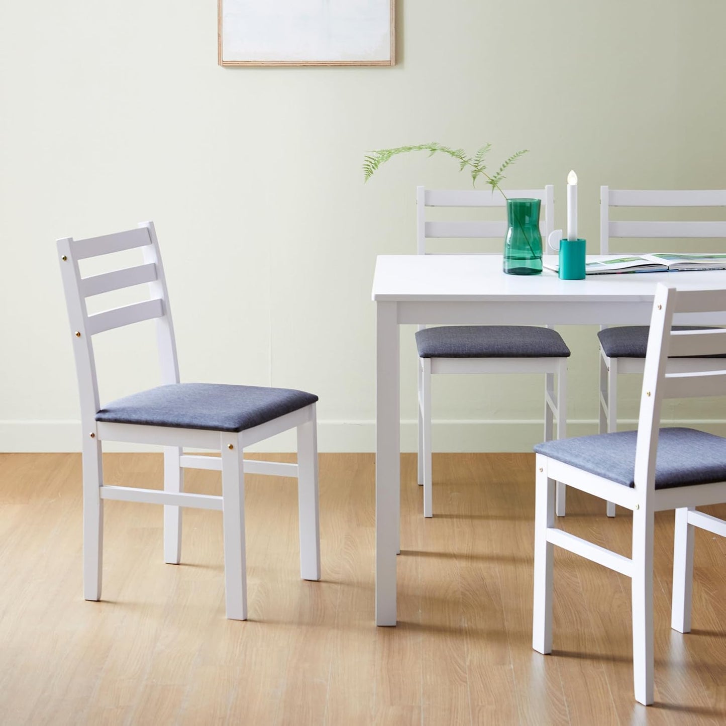 Livinia Seattle 5-Piece Wooden Dining Table Set for 4, Modern Farmhouse Kitchen Dining Room Set with Solid Wood Ladder Back Chairs for Small Space (White)