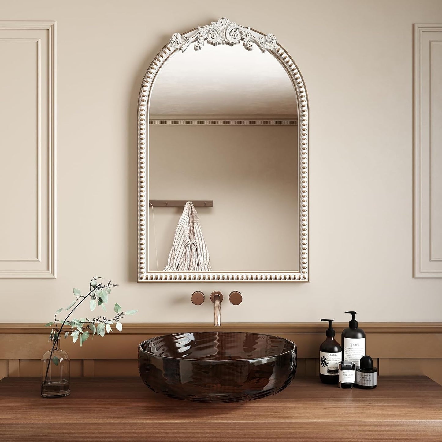 24''x36'' Arched Wall Mirror with Beads Wooden, Vintage Baroque Decorative Arch Mirrors for Entryway, Fireplace, Living Room, Hallway, Bathroom Boho Accent