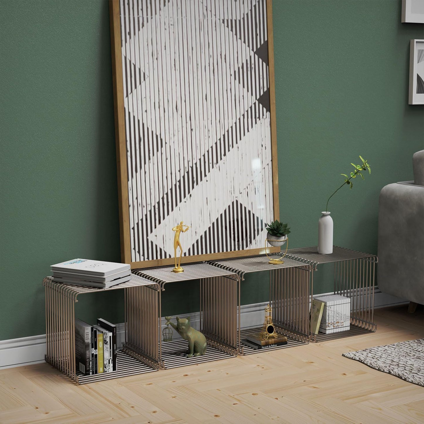 Square Geometry Retro Side Table Prime-Stainless Steel Linear Metal End Table, Iron Multi-Purpose Desktop Shelf (Silver)