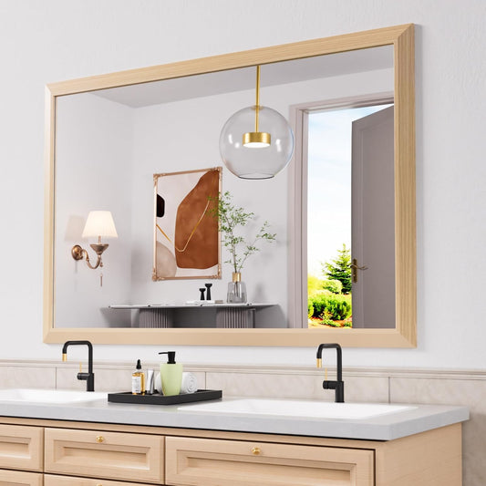 Amorho Bathroom Mirror, 60 X40 Inch Wall Mirror, Oak Wood Grain Metal Framed, Anti-Rust, Hang Horizontally/Vertically, Suitable for Bedroom, Farmhouse, Bathroom, Decorative
