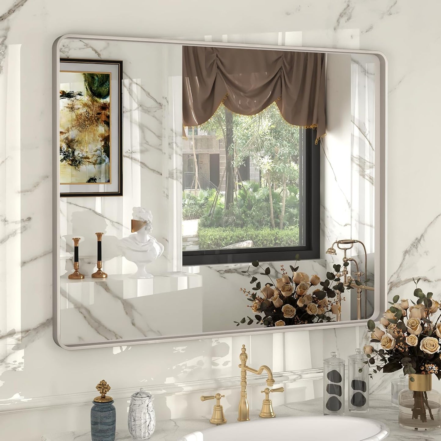 40x32 Inch Brushed Nickel Bathroom Mirror, Brushed Silver Metal Framed Wall Mirror, Rounded Corner Rectangle Modern Vanity Mirror, Tempered Glass, Anti-Rust, Shatterproof (Horizontal/Vertical)