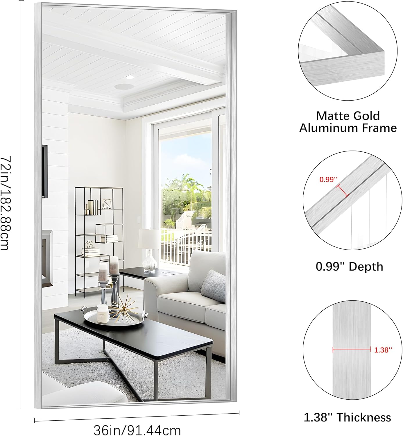 Silver Bathroom Mirror, 72x36 Inch Rectangular Framed Mirror, Large Wall Mounted Bathroom Vanity Mirror Over Sink for Bedroom,Restroom, Living Room, Hangs Vertically or Horizontally