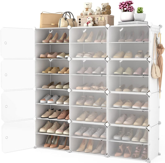 Portable Shoe Rack Organizer with Door, 48 Pairs Storage Cabinet Easy Assembly, Plastic Adjustable Stackable Detachable Free Standing DIY Expandable 8 Tier White, (NNF-XJ-012)
