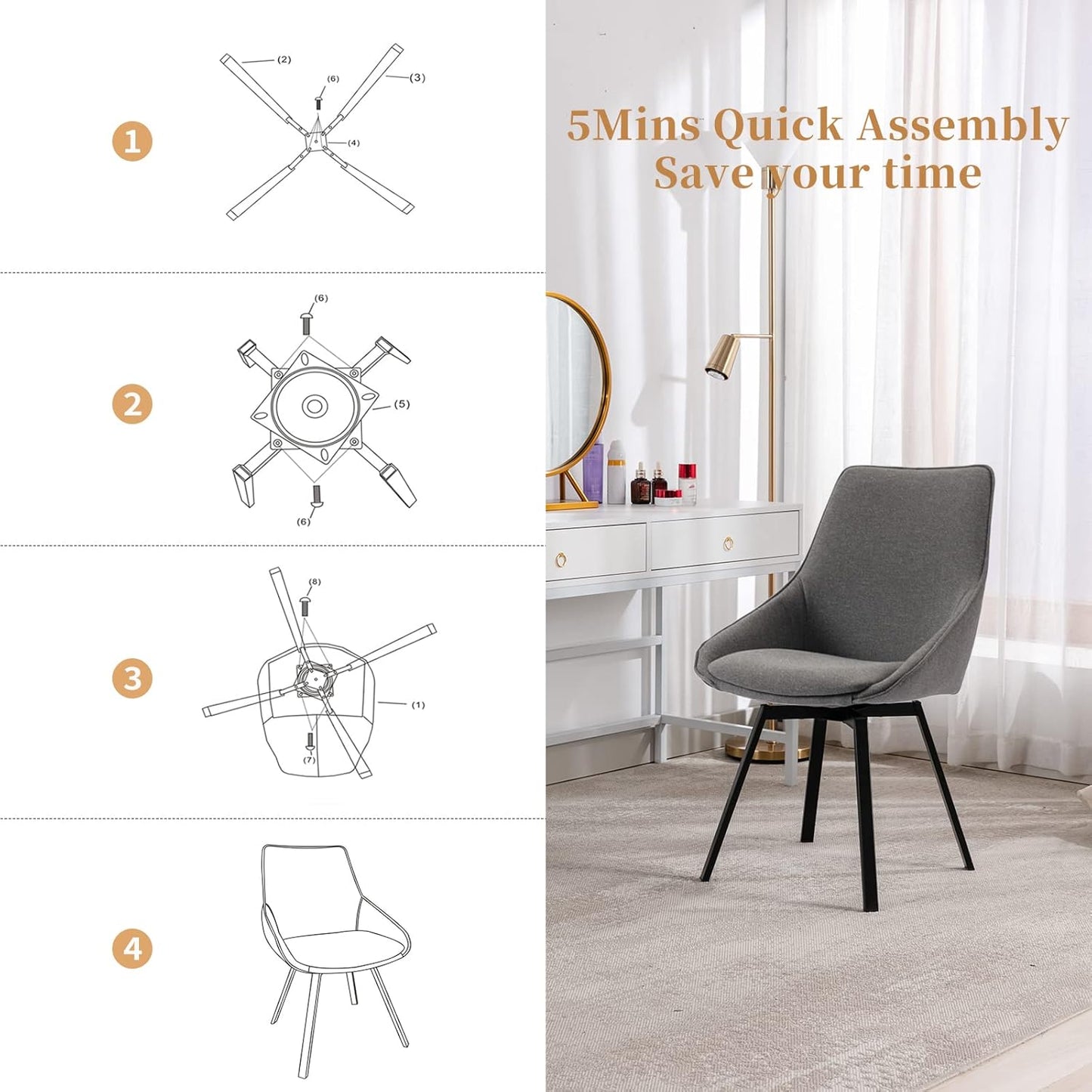 Dining Chairs Set of 2 Dark Grey Living Room Chairs Fabric Upholstered Kitchen Chairs,Loads Up to 270lbs,Quick Assembly,Swivel Dining Chair