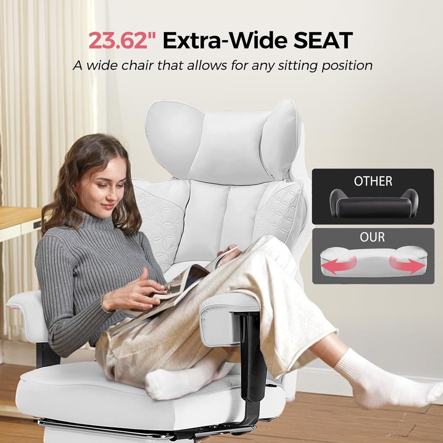 GTRACING Big and Tall Gaming Chair 400lbs Heavy Duty Office Chair with Foot Rest & Ergonomic Pocket Spring Lumbar Support, High Back 3D Saddle Shaped Cushion for Back Pain Relief, White